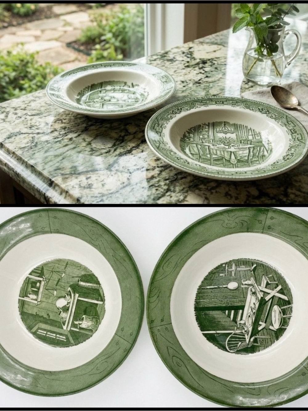 2 Vintage Serving MCM 1950 Bowls Colonial Homestead Royal China Green 9" & 10"